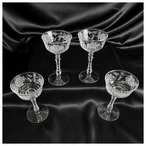 Libbey Rock Sharpe Floral Champagne Coupe Sherbet Glasses 3005 Cut Stem Set of 4